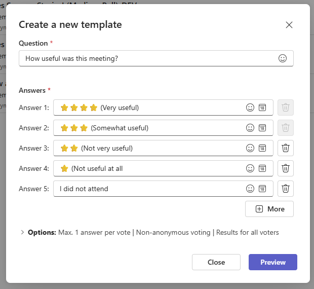 Create a reusable meeting feedback template with a clear question and consistent answer options.