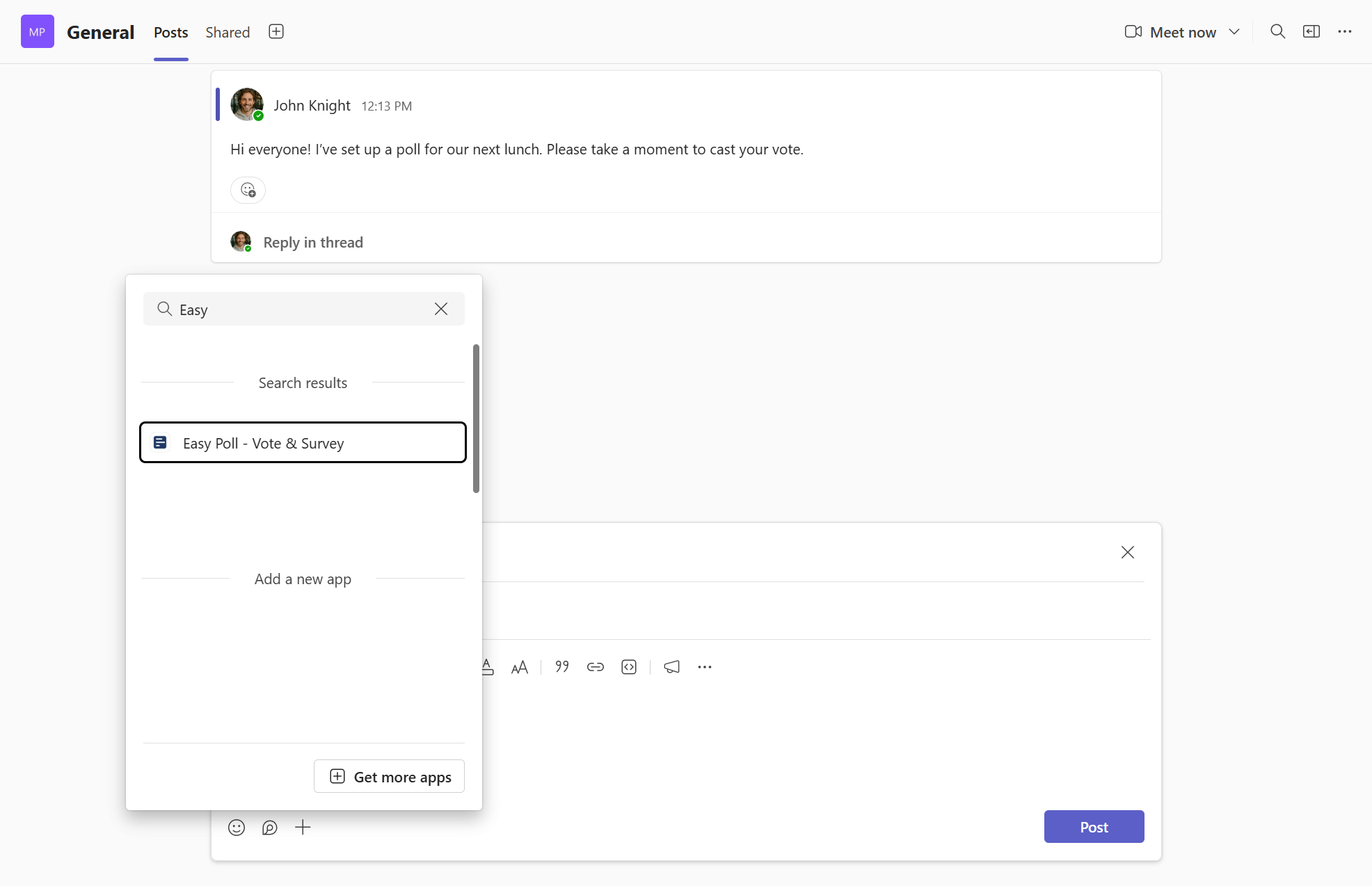Dodawanie Easy Poll do kanału Microsoft Teams