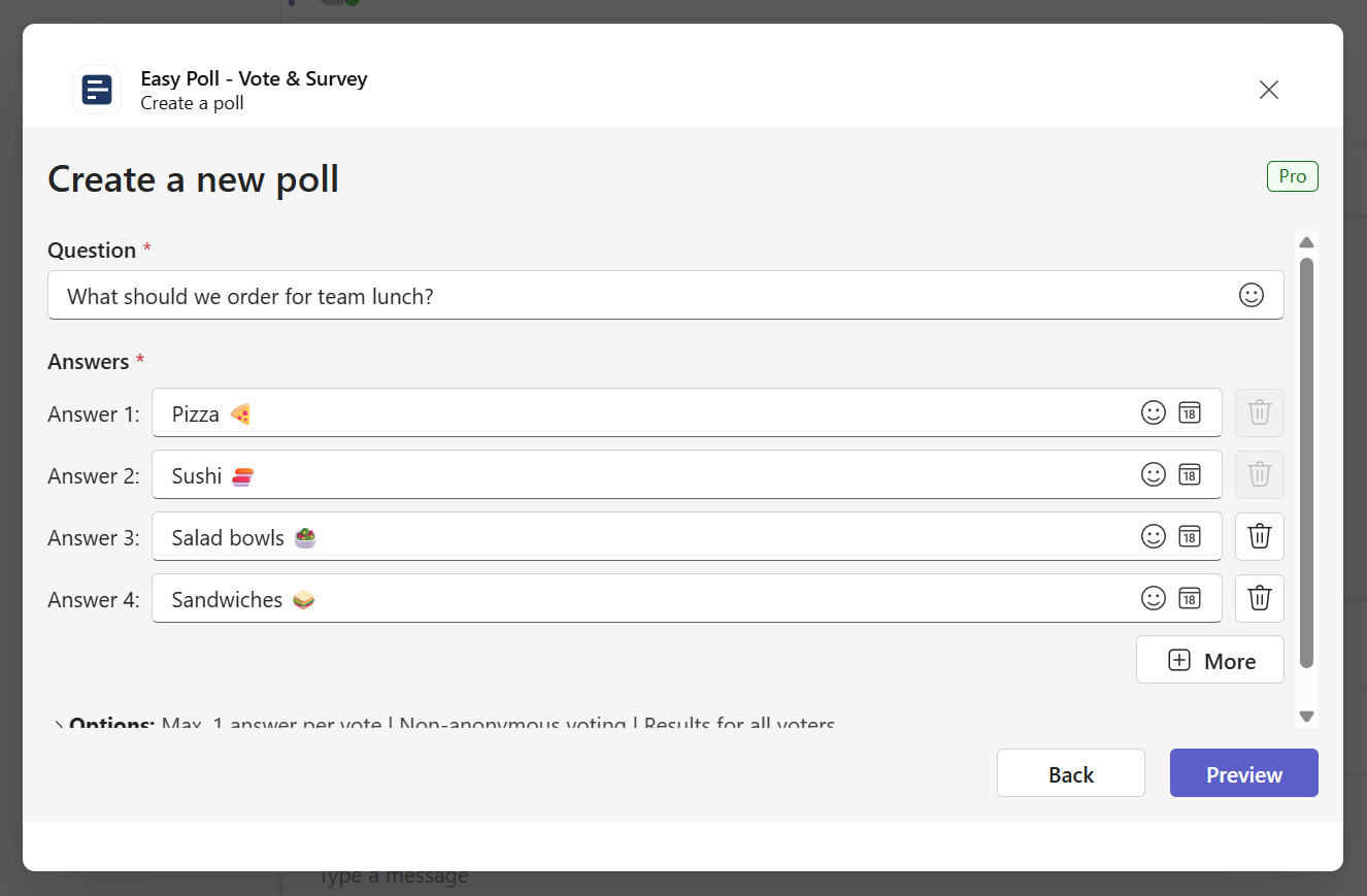 Tworzenie ankiety Microsoft Teams z pytaniem i opcjami odpowiedzi w Easy Poll