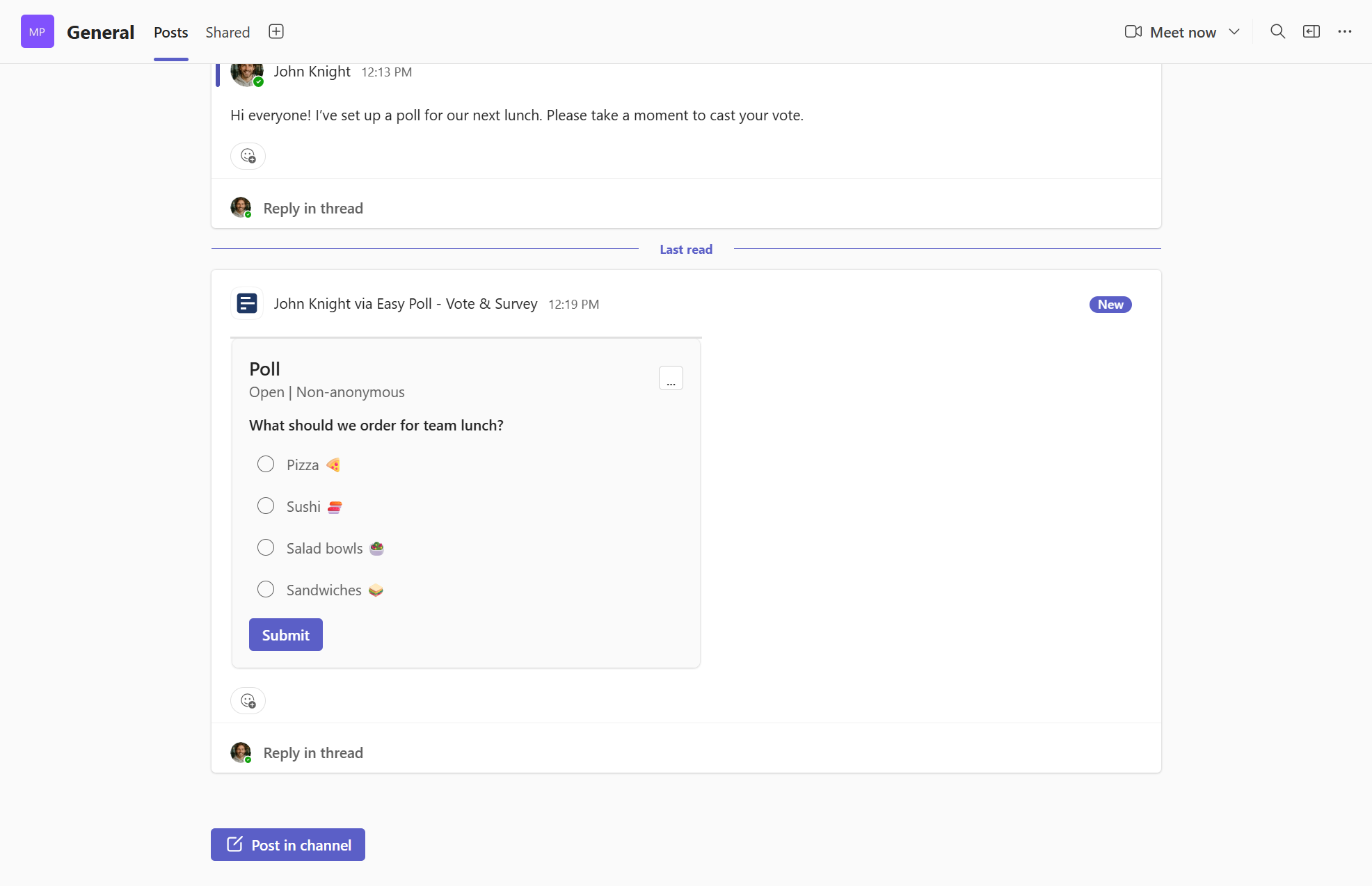 Easy Poll opublikowany na czacie kanału Microsoft Teams