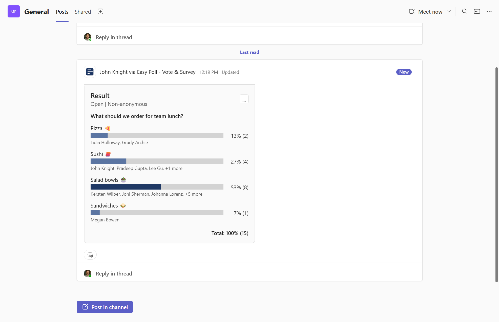 Głosowanie w ankiecie Easy Poll na czacie Microsoft Teams